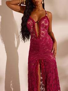 Opulessa Casual Solid Color Knit Spaghetti Strap Side Slit Dress For Women - Purple - View 5