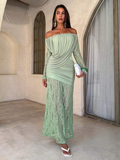 Aloruh Vestido largo elegante para mujer, verde, sexy, con hombros descubiertos, de punto con encaje y patchwork, para ir a la oficina, citas y fiestas