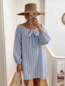 Vivid Eden Plus Size Women's Front Knot Striped Long Sleeve Casual Dress Vacation Hawaii Light Blue Autumn - Blue - View 3