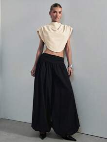 Hauture Women's Draped Shoulder Impact High Neck Crop Top Office Wear - Apricot - View 4