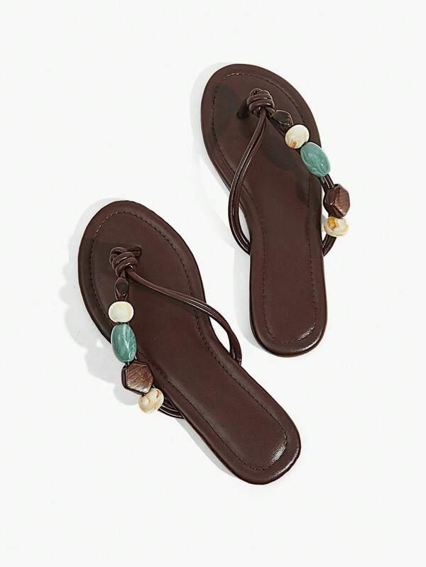 Grefit Women's Shoes Brown Fashion Vacation Beaded Angle Flip-Flops