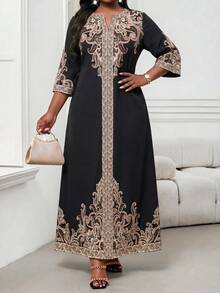 SHEIN Lady Black High End Plus Size Long Sleeve Embroidered Dress For Women Fall - Black - View 4