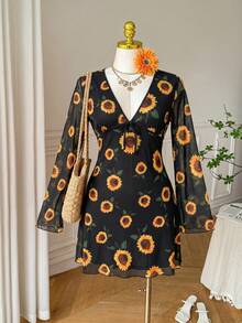 SHEIN EZwear 大尺碼女款V領花卉印花休閒度假夏季連身裙 秋季 - 彩色 - 查看 6