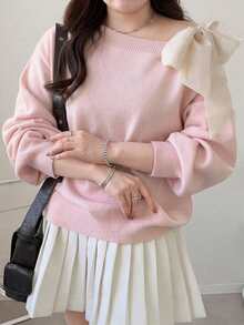 Dazy Plus Contrast Color Cold Shoulder Dropped Shoulder Long Sleeve Bow Tie Loose Casual Versatile Pullover Sweater Spring/Autumn New Arrival - Pink - View 2