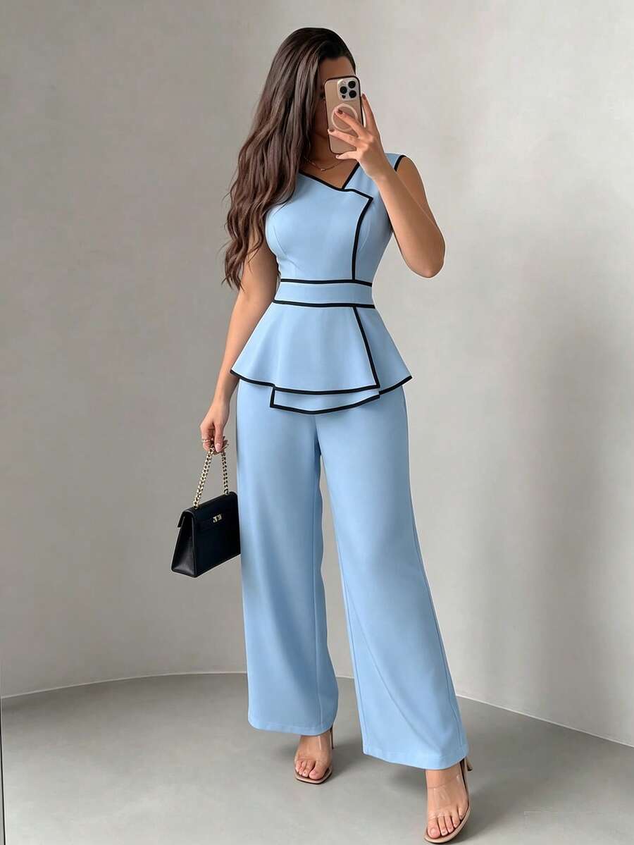Modelyn 女款對比飾邊不對稱下擺無袖連身褲 淺藍色 夏季 辦公室晚餐穿搭 優雅成熟風 - 藍色 - 查看 1