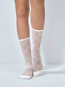 Softvol 1 Pair Women/Girls Solid Color Fashionable Mesh Boat Socks, Autumn Socks,White Socks - White - View 4
