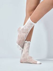 Softvol 1 Pair Women/Girls Solid Color Fashionable Mesh Boat Socks, Autumn Socks,White Socks - White - View 5