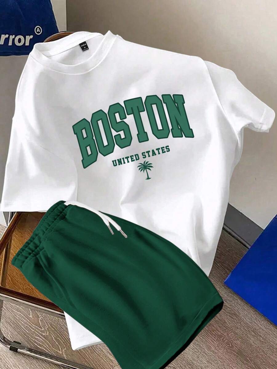 Daypath Plus Size Men's White Fitted Raglan T-Shirt And Green Shorts 2 Pieces Set - Multicolor - View 1