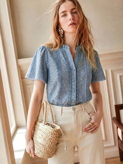 SHEIN Women's Fashion French Vintage Polka Dot Lace Patchwork Blouse, Summer New V-Neck Puff Sleeve Ruffle Hem Slimming Top, Blue Commuter Versatile Shirt