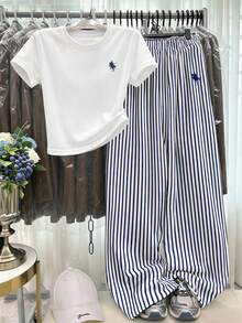 Vintage Fashion Mini Logo Pattern, Casual Striped Long Pants, Teen Girls Casual Vacation Summer 2-Piece Set Suitable For Casual Spring/Summer Daily Wear, Street Style, Outings, Campus - Multicolor - View 3