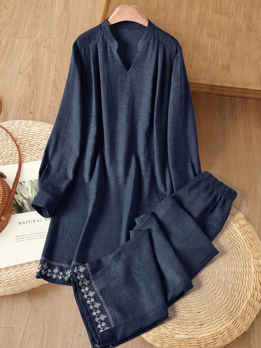 Rusticease 女款幾何刺繡缺口V領長襯衫與長褲休閒兩件套 - 藏蓝色 - 查看 1