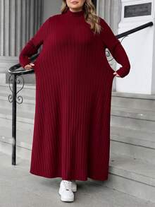 SHEIN CURVE+ 女款大尺碼秋冬針織羅紋高領長袖A字洋裝 - 酒紅色 - 查看 4