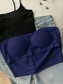Comfortcana 2件組女款休閒無縫短版細肩帶背心，適合夏季/秋季 - 彩色 - 查看 5