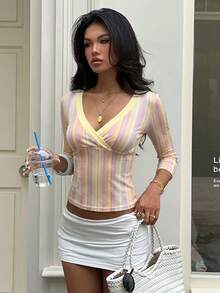 Aloruh 初秋深V領返校季中袖條紋修身女款T恤，彩色條紋上衣，初秋條紋T恤 - 白色 - 查看 6