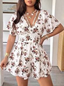 Vionelle Plus Size Floral Print Spring Summer Casual Versatile Romper - White - View 4