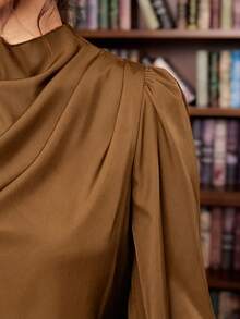 Vionelle Plus Size Women's Autumn/Winter New Ruched Elegant Commute Long Sleeve Loose Blouse Fall - Coffee Brown - View 3