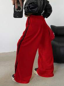 POPSWAY Plus Size Slouchy Sports Style Yellow Striped Sweatpants For Women, High Waist Drawstring Loose Wide Leg Pants, Autumn 2025 - Red - View 2