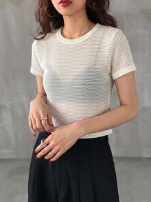 DAZY Solid Sheer Crop Top Going Out Tops - Beige - View 8