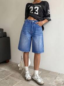 SHEIN ICON 女款寬鬆休閒百搭百慕大牛仔短褲，附口袋 - 中等水洗藍 - 查看 8