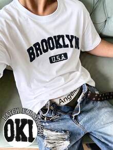 Manfinity Dauomo Ins 超夯美式復古布魯克林刷毛貼布寬肩男士T恤街頭時尚上衣 - 白色 - 查看 1