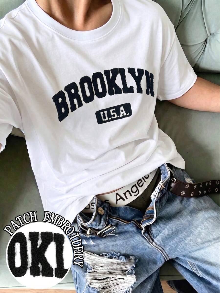 Manfinity Dauomo Ins 超夯美式復古布魯克林刷毛貼布寬肩男士T恤街頭時尚上衣 - 白色 - 查看 1