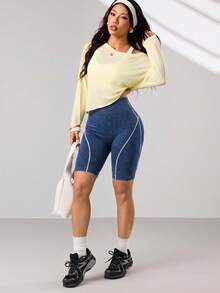 SHEIN Sports 1件女款無縫水洗霧面螺紋撞色寬腰帶基礎跑步健身運動單車運動短褲 - 藍色 - 查看 4