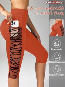 Easithlete Easithlete 7/10 Length Mesh Pocket Patchwork Yoga Sports Leggings - Orange - View 1