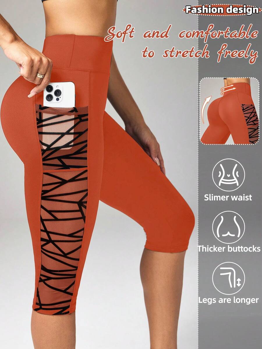 Easithlete Easithlete 7/10 Length Mesh Pocket Patchwork Yoga Sports Leggings - Orange - View 1