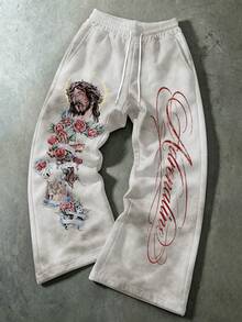 Manfinity EMRG Men's White Wide Leg Casual Sports Flared Sweatpants, Vintage Y2K Gothic American Street Style Rose Portrait Tattoo Print Red Calligraphy Letter Full Length Pants, Suitable For Spring/Summer Vacation, Music Festival, Club, Party, Graduation, White Base Multi-Color Floral Portrait Pattern Elastic Drawstring Loose Fit Daily Fitness Flared Long Pants - Multicolor - View 1