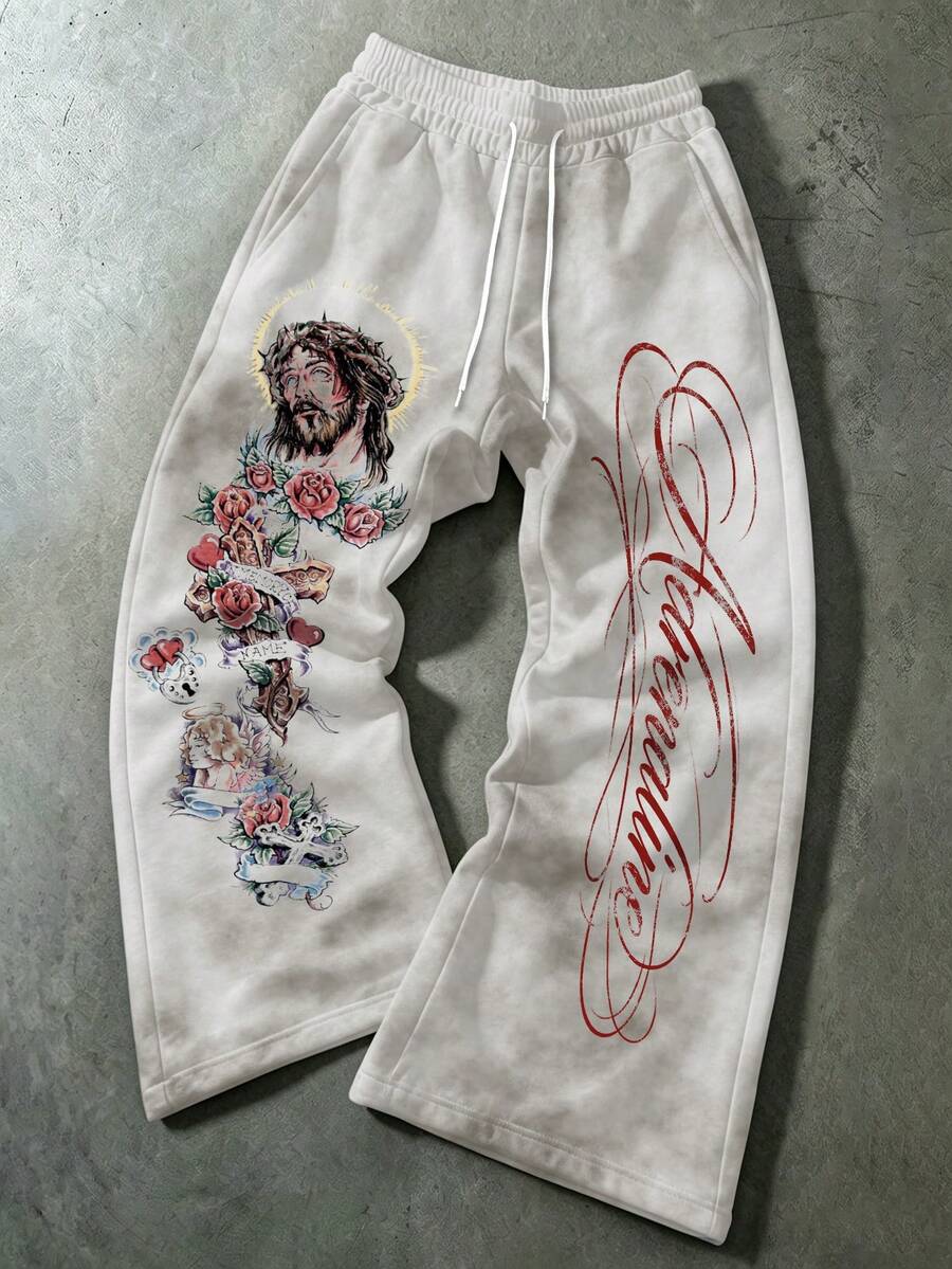 Manfinity EMRG Men's White Wide Leg Casual Sports Flared Sweatpants, Vintage Y2K Gothic American Street Style Rose Portrait Tattoo Print Red Calligraphy Letter Full Length Pants, Suitable For Spring/Summer Vacation, Music Festival, Club, Party, Graduation, White Base Multi-Color Floral Portrait Pattern Elastic Drawstring Loose Fit Daily Fitness Flared Long Pants - Multicolor - View 1