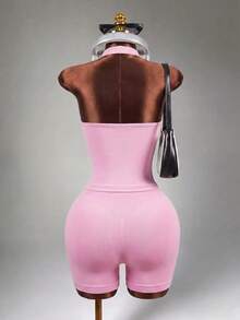 Mistrie Women's Halter Top And High Waist Shorts Yoga Workout Set Pink Set Halter Set Pink Top Sports - Pink - View 2