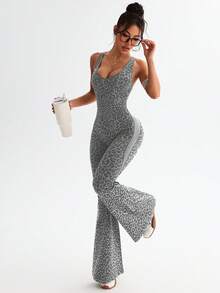 Slayform 1pc Leopard Print Twisted Back Waist Deep V Neck Flare Leg Jumpsuit - Grey - View 7