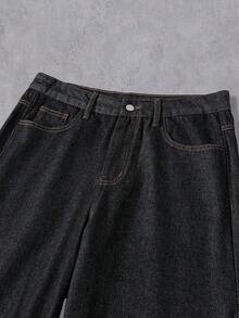 Manfinity Denimwave 男士街頭風 Grunge Y2K 哥德休閒做舊刺繡黑粉配色寬腿牛仔褲，適合演唱會、度假、海灘、假期、Rave、秋季 - 黑色 - 查看 7
