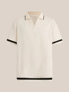 VeloEdit Plus Size Casual Daily Knitted Polo Shirt, Suitable For Summer - Beige - View 8