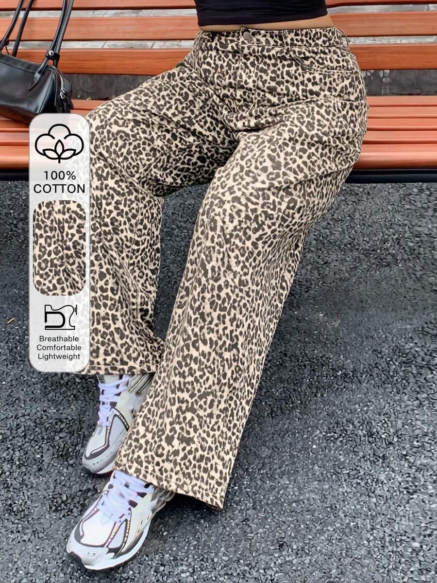Dazy Plus 大码女式宽松直筒豹纹牛仔裤,松紧腰带,休闲街头风,适合所有季节 - 棕色 - 查看 1