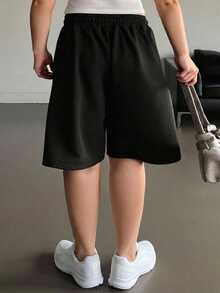 Dazy Petite Curve Elastic Waist Drawstring Sports Casual Black Knit Plus Size Petite Women's Shorts Summer - Black - View 2