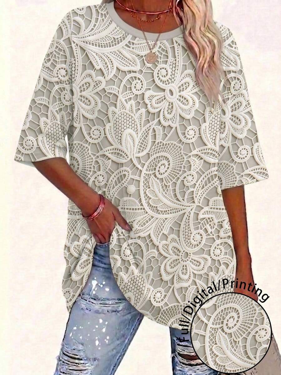 EMERY ROSE Camiseta casual de cuello redondo con estampado floral para mujer de talla grande - Multicolor - Ver 1
