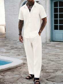 Genlund Nuevo conjunto de dos piezas para hombre primavera verano 2026, color blanco roto con estampado de cuadrícula, transpirable, holgado, con cuello y manga corta - Blanco - Ver 4