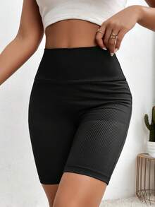 Chiquease Shorts biker de cintura ancha tejido de canalé - Negro - Ver 4