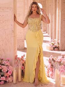Glamrae Plus Size Elegant Luxurious Yellow Embroidered Sequin Lace Patchwork Satin Off-Shoulder Hanging Sleeve Sheer Sexy Mermaid Skirt With Slit And Side Drape, Suitable For Wedding, Event, Bachelorette Party, Vacation, Prom, Evening Gown (Heavy Work Style) - Yellow - View 1