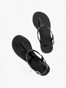 Grefit Damen Schuhe Frühling und Sommer neu runde Zehenpartie flache Sohle lässig Urlaub einfach schwarze Damen flache Sandalen - Schwarz - Übersicht 1