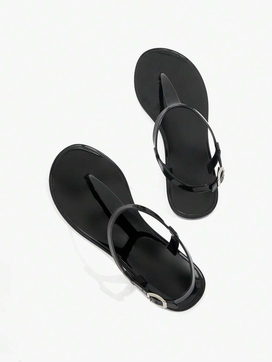 Grefit Damen Schuhe Frühling und Sommer neu runde Zehenpartie flache Sohle lässig Urlaub einfach schwarze Damen flache Sandalen - Schwarz - Übersicht 1
