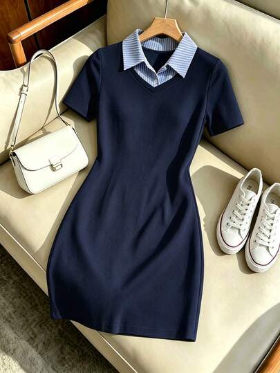 Selianne Summer Solid Color Knitted High Elastic Ribbed Patchwork Shirt Collar Bodycon Slim Fit Women's Short Plus Size Dress Navy Blue Teachers' Day Formal