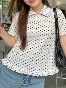 Dazy Plus 韓系時尚波點滿版印花短袖 Polo 衫，黑色大尺碼女款春夏季 T-shirt 可愛上衣 - 杏色 - 查看 5
