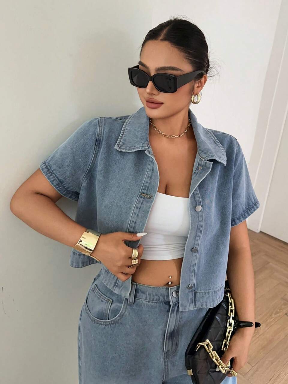 Dazy Plus Light Wash Denim Set, Western Cowgirl Style Cropped Short Sleeve Top And Long Jeans, Plus Size Street Fashion Denim Outfit Summer