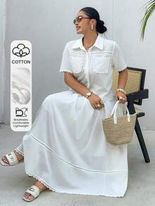 Dazy Plus Spring/Summer Women's Elegant Lace Patchwork Pocket Shirt And Skirt Set, White Vacation Style Casual Plus Size 2-Piece Outfit - White - View 1