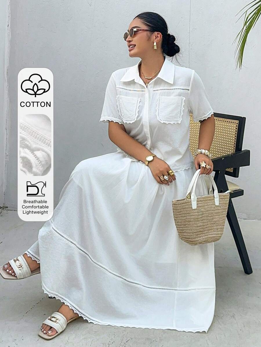 Dazy Plus Spring/Summer Women's Elegant Lace Patchwork Pocket Shirt And Skirt Set, White Vacation Style Casual Plus Size 2-Piece Outfit - White - View 1