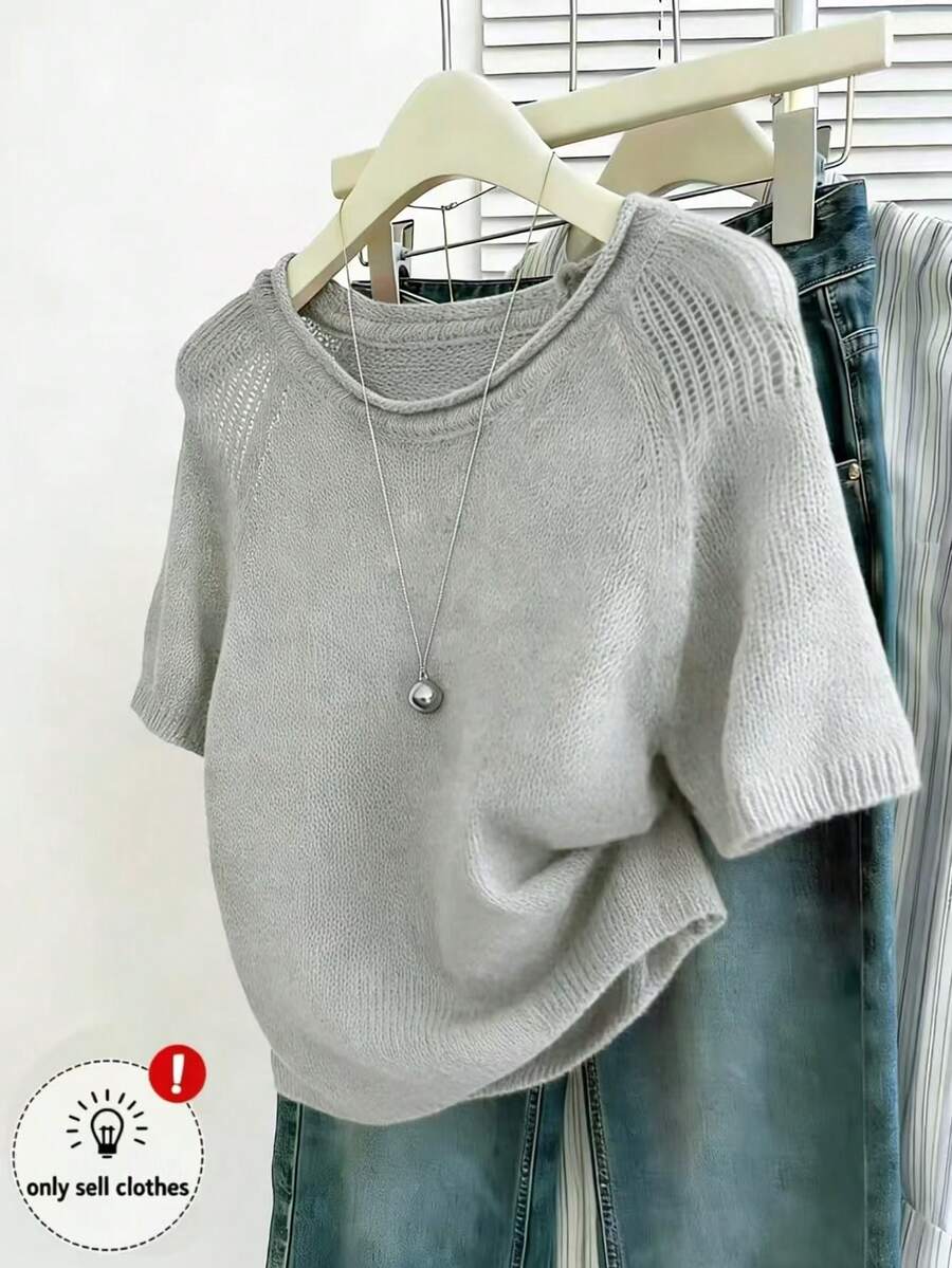 SHEIN 女士纯色简约日常长袖圆领针织上衣 - 灰色 - 查看 1