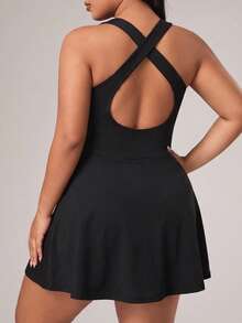 Easithlete Plus Size Women's Spring/Summer Sports Dress, Black Fitted U-Back Criss-Cross Ruffle Hem With Separate Shorts And Pockets, Athletic Gym - Black - View 3