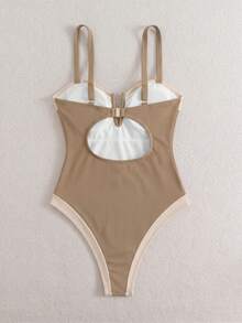 Swim Chiccia Ribbed Contrast Color V-Neck Underwire One-Piece Swimsuit For Women - Beige - View 5